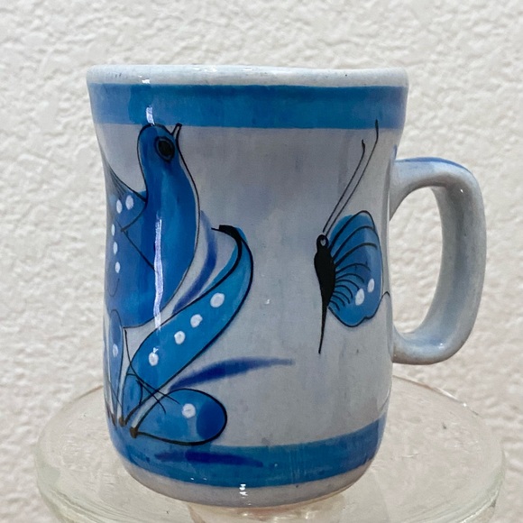 Vintage TONALA Pottery Mexico Blue Bird & Butterfly Mug - Picture 2 of 13